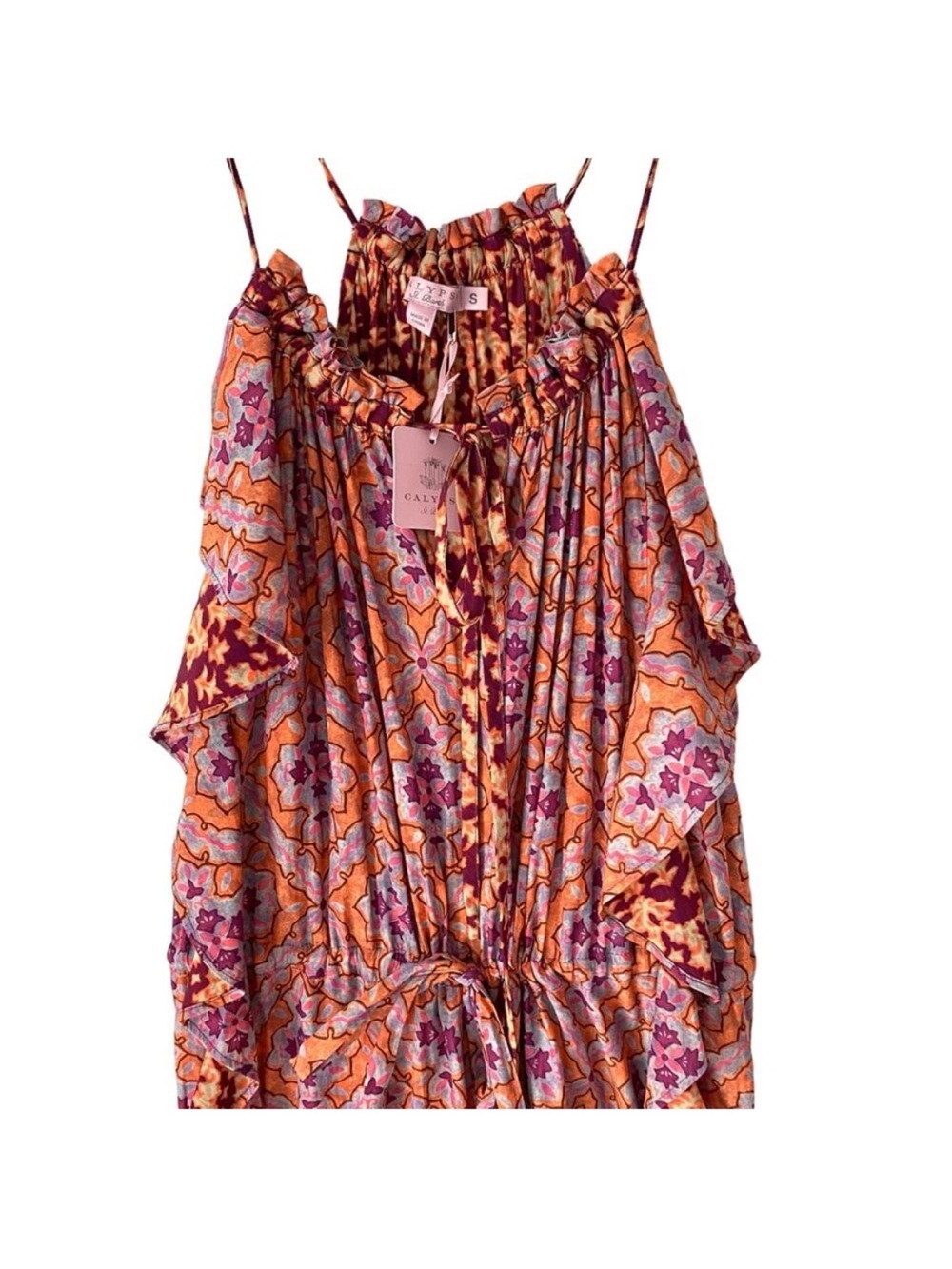 Calypso St. Barth Ardelle NWTS Maxi Ruffle Dress Purple Rust Batik Print small - Picture 3 of 12